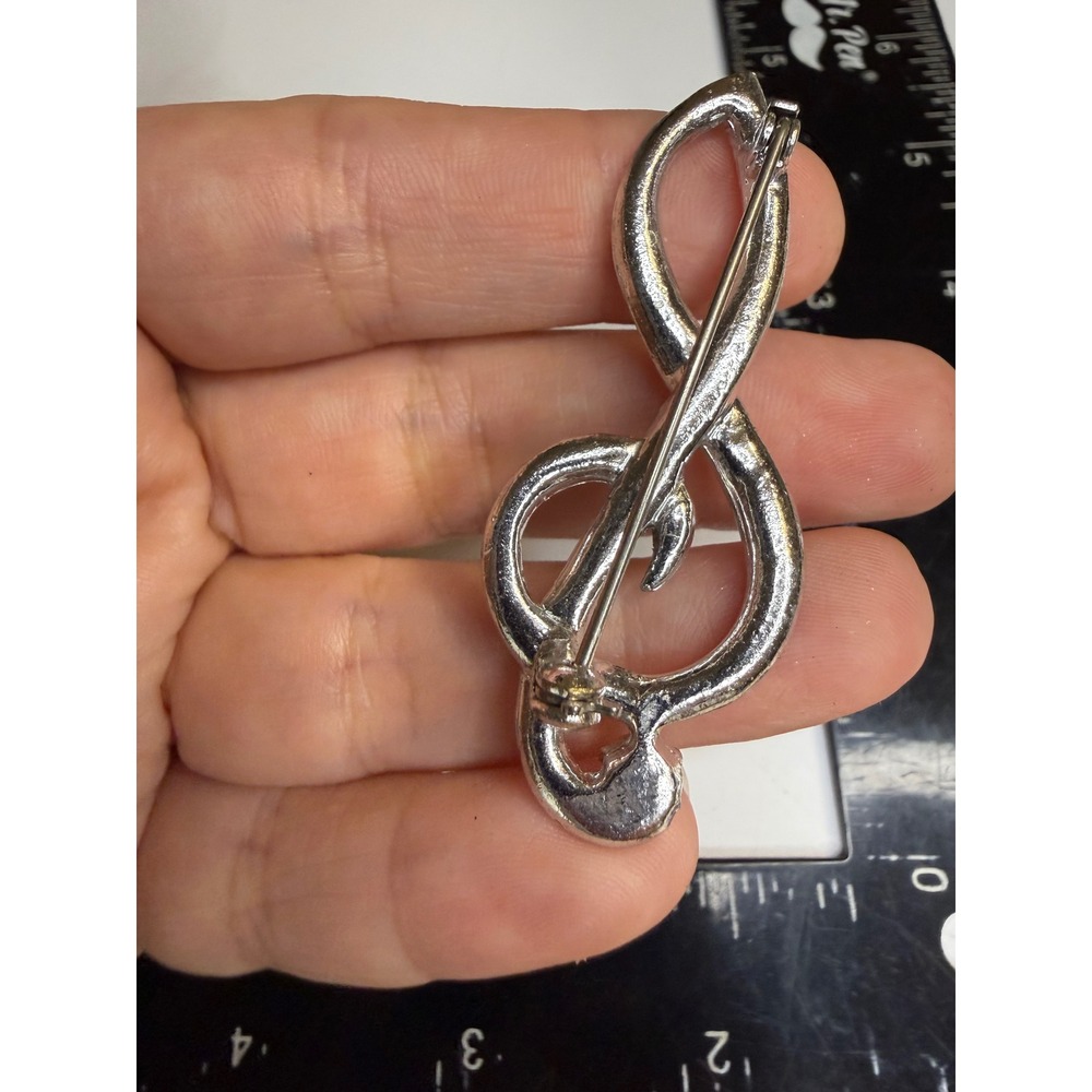 Silver Tone Treble Clef Rhinestone Brooch Music Note G Clef Pin Accessory - Picture 2 of 3